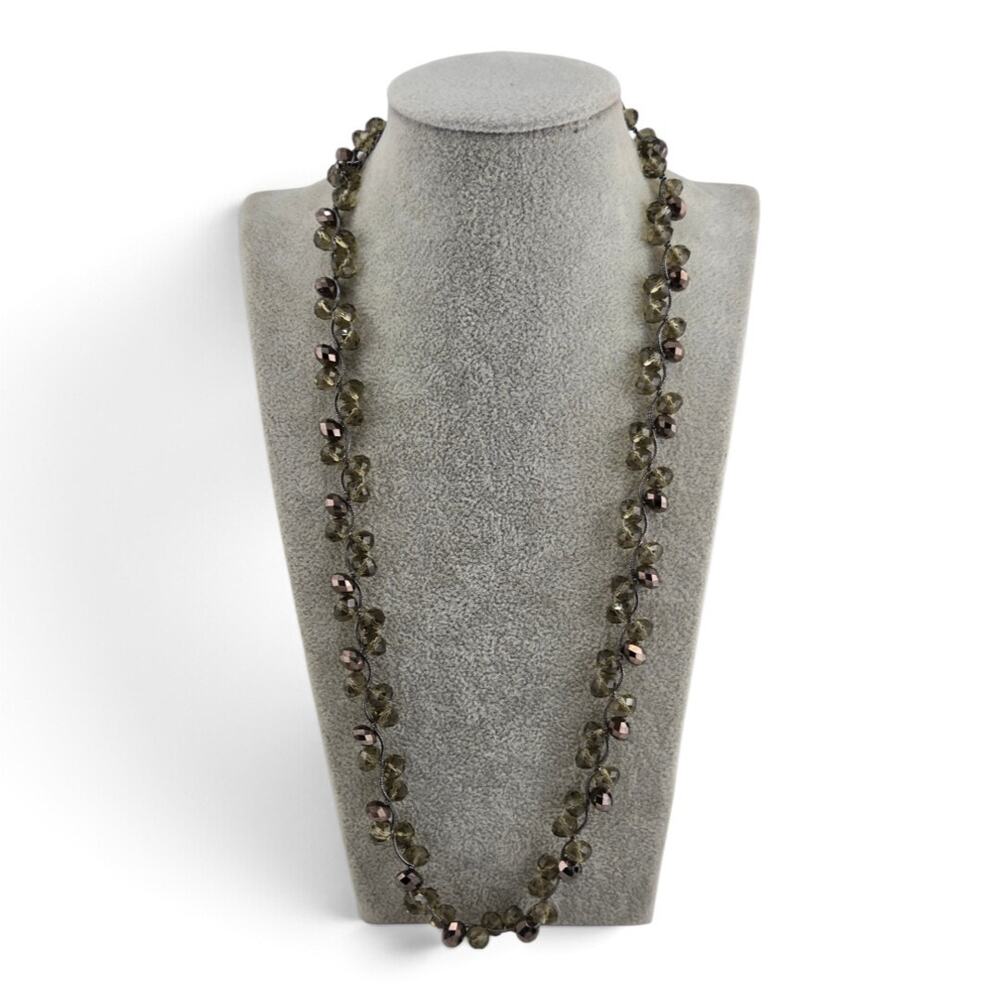Faceted Glass Bead Necklace Smoky Olive Green Gunmetal Twisted Vine Adjustable